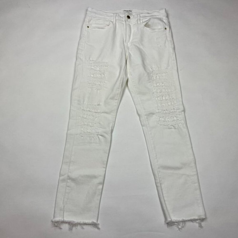Frame Le Boy Jeans Raw Edge Pockets Stretch Cotton Distressed Ivory Women 27
